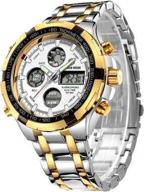 Men's Silver Gold Stainless Steel Analog Digital Outdoor Waterproof Luxury Watch